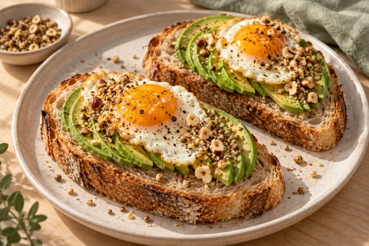 Two sourdough toasts with avocado fans, fried eggs and a coarse topping of roasted hazelnuts, sesame seeds and crushed spices.