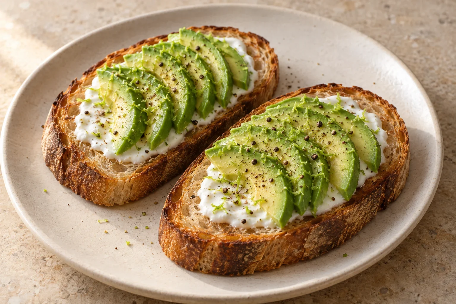 Two unseeded sourdough toasts with white yogurt, fanned avocado slices, lime zest and cracked black pepper.