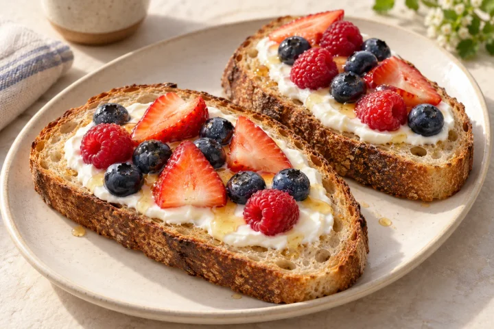 Two slices of whole-grain sourdough topped with thick plain yogurt, blueberries, raspberries and sliced strawberries on a pale plate.