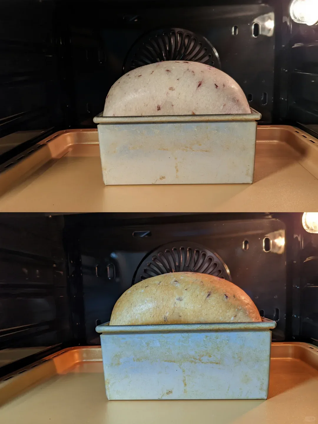 Two views of a domed loaf in a metal bread tin inside an oven, with a golden crust in the lower image.