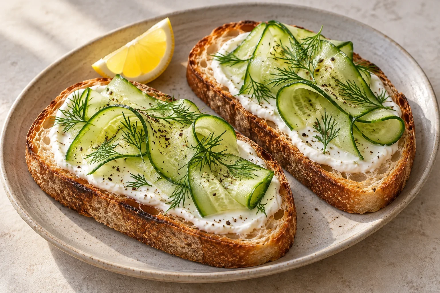 Two unseeded sourdough toasts topped with white yogurt, loosely folded cucumber ribbons, dill and black pepper.