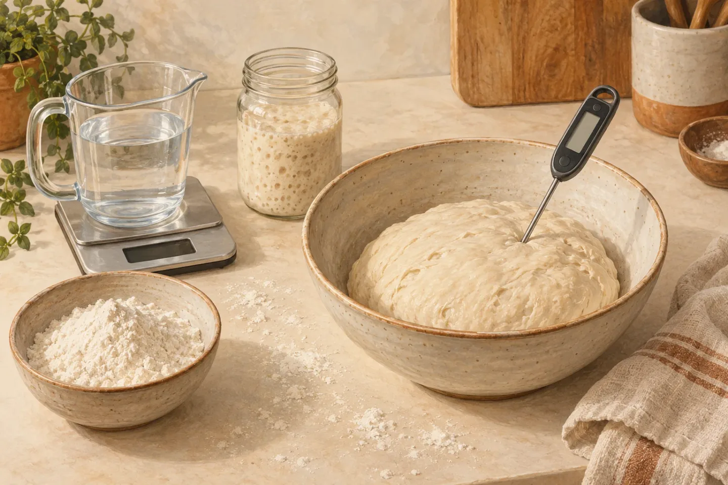 Illustrated flour, water, starter and dough-temperature measurements at a baking bench.