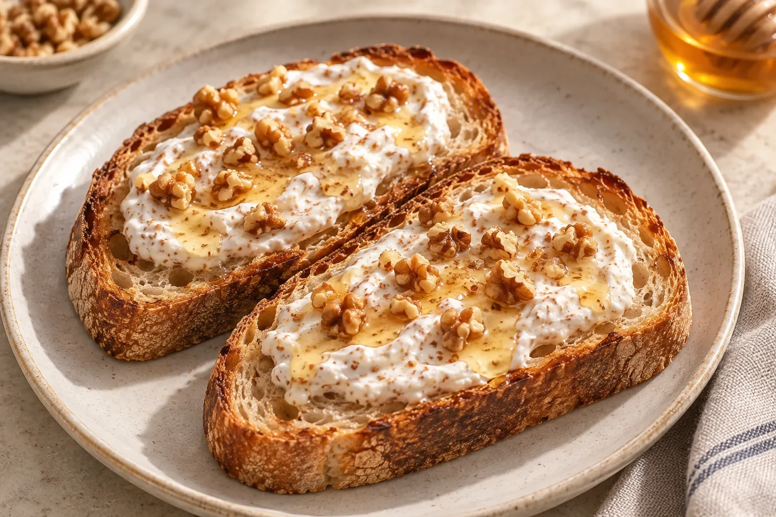 Two slices of sourdough with a natural, unseeded crust, topped with yogurt flecked with ground flaxseed, chopped walnuts and a thin honey drizzle.