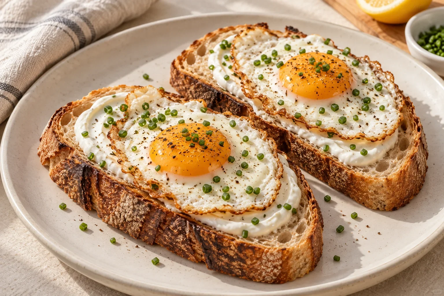 Two sourdough toasts topped with smooth white yogurt, one fried egg each, chopped chives and black pepper.