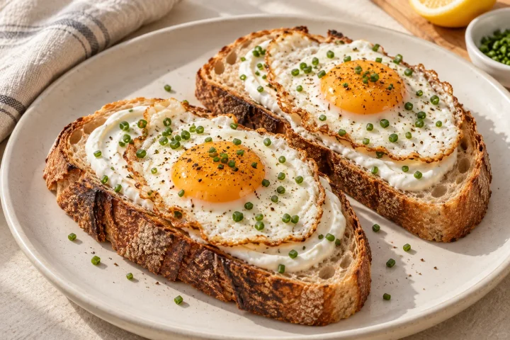 Two sourdough toasts topped with smooth white yogurt, one fried egg each, chopped chives and black pepper.