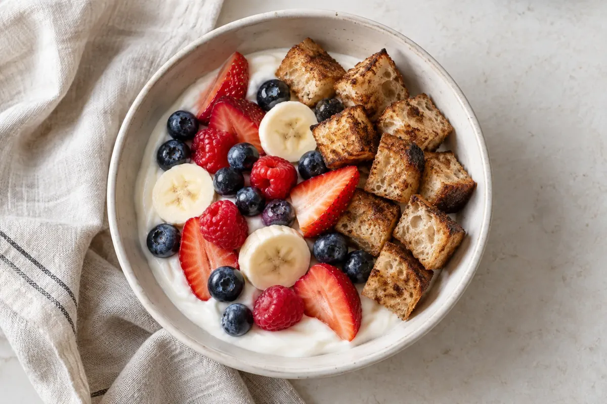 A bowl of plain yogurt topped with blueberries, raspberries, strawberries, banana and golden cinnamon sourdough croutons.