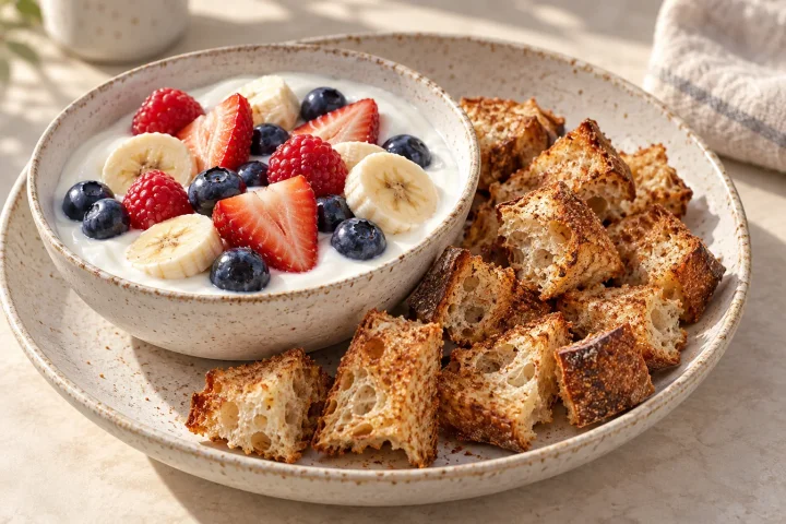 A bowl of plain yogurt topped with blueberries, raspberries, strawberries and banana, with golden cinnamon sourdough croutons served alongside.