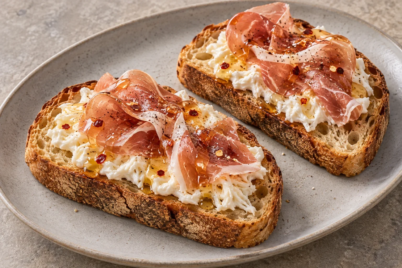 Two open sourdough toasts with creamy stracciatella cheese, loosely folded prosciutto and a thin chili-honey drizzle.