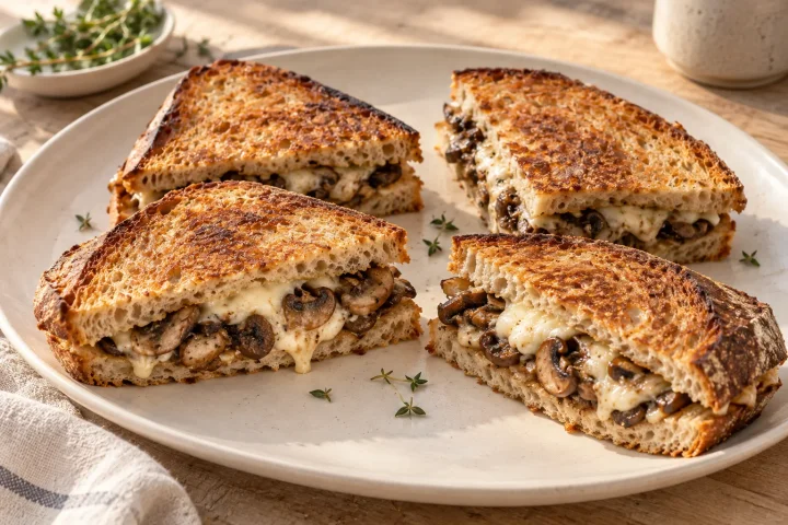 Cut sourdough toasties with golden pressed crusts, browned mushroom slices and melted mozzarella visible in the filling.