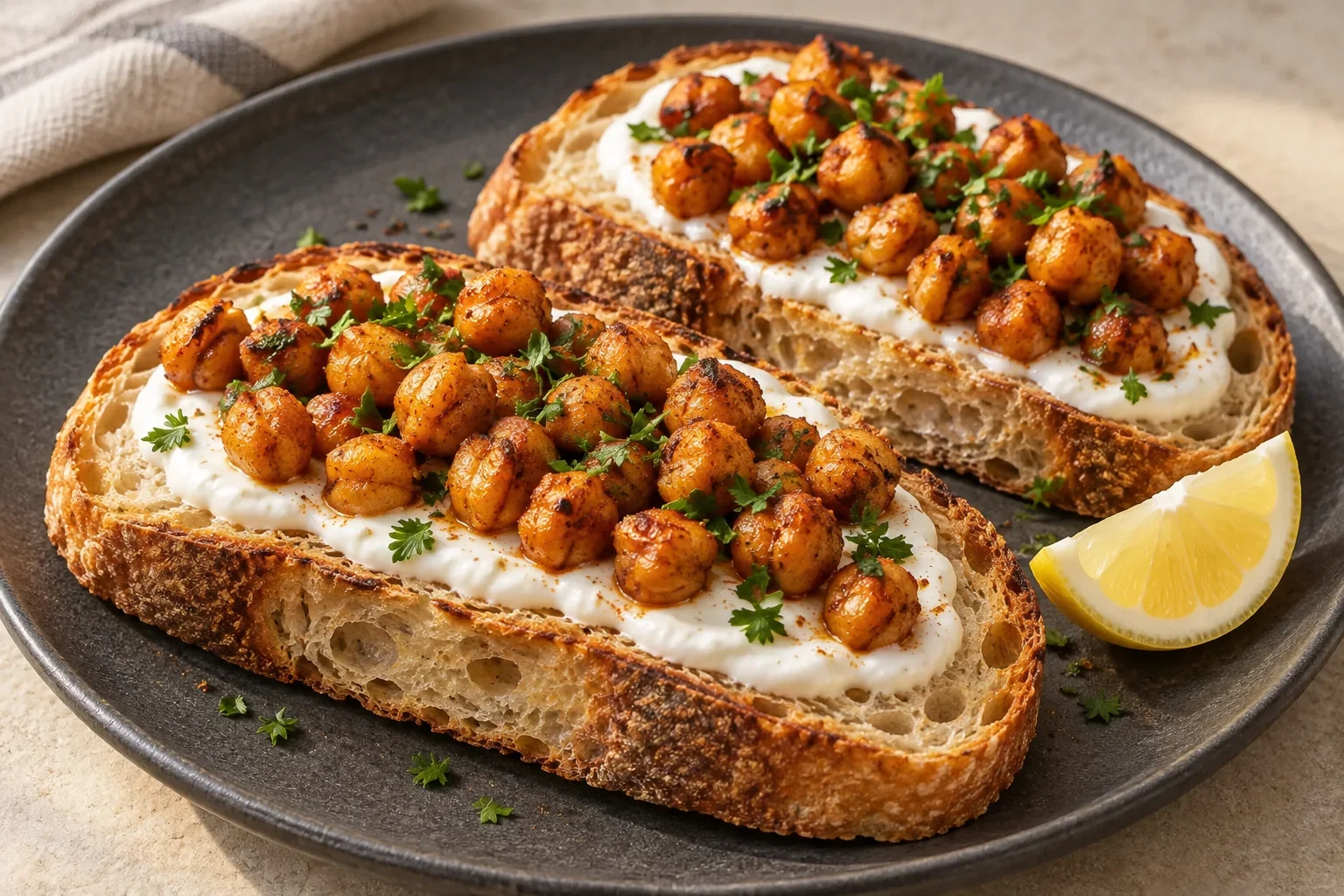 Two unseeded sourdough toasts topped with thick white yogurt, paprika-roasted chickpeas, finely chopped parsley and lemon zest.