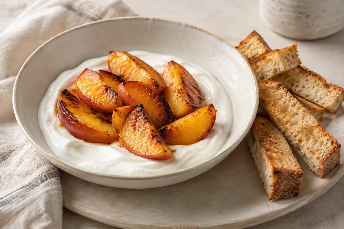 Golden roasted peach wedges over a bowl of plain yogurt, with toasted sourdough fingers arranged alongside for dipping.