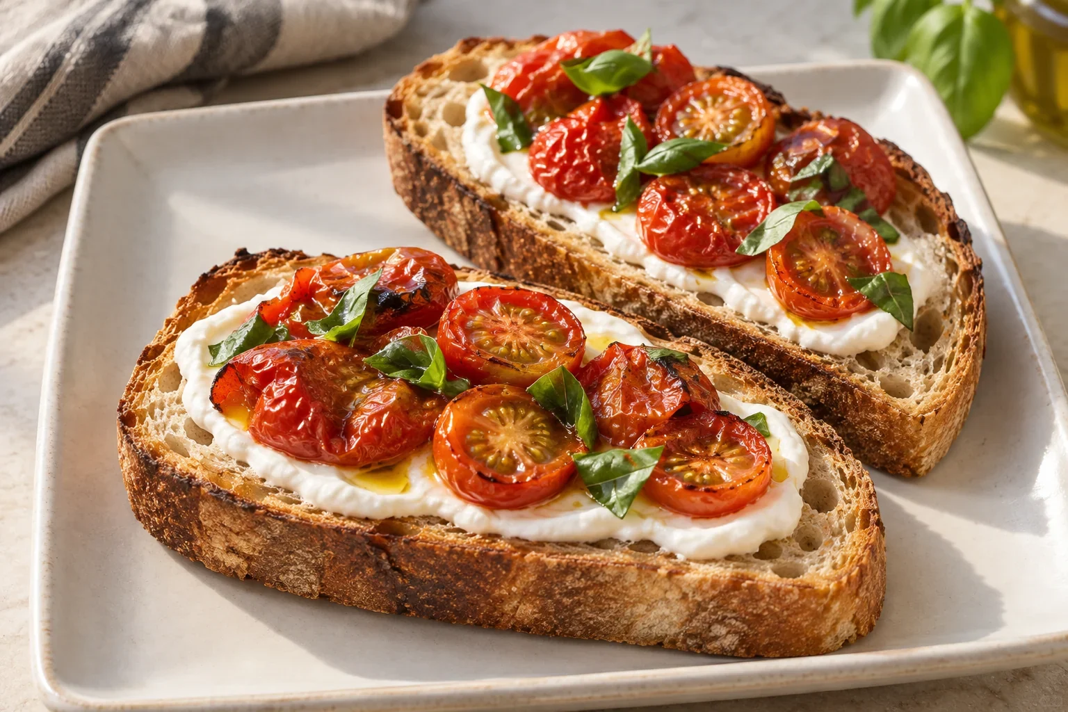 Two unseeded sourdough toasts with thick white yogurt, roasted cherry tomato halves, fresh basil and a light olive-oil sheen.