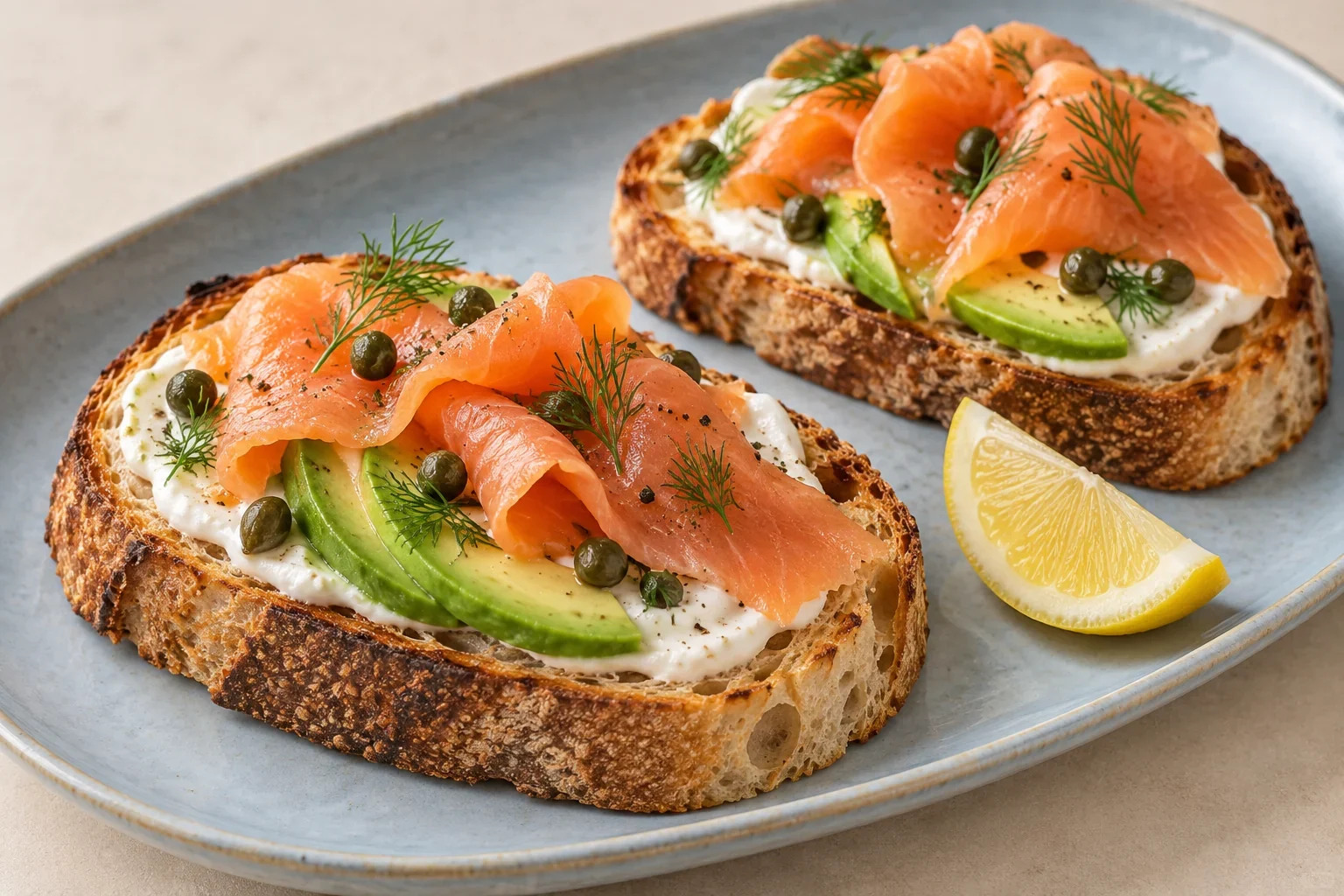 Two unseeded sourdough toasts with a white yogurt base, avocado fans, folded smoked salmon, dill, capers and lemon wedges.