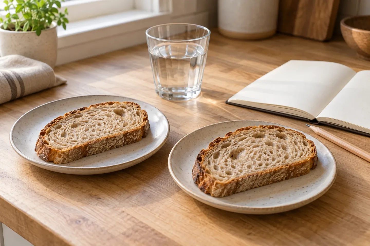 Illustrated plain bread slices, a glass of water and a blank notebook arranged for a flavor comparison.
