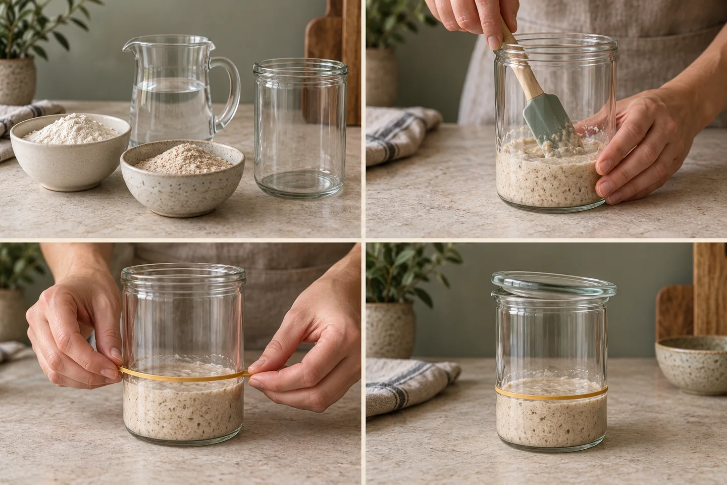 Four illustrated steps, reading left to right: prepare white flour, whole wheat flour and water; stir in a jar; mark the mixture level with a rubber band; rest a lid loosely on top