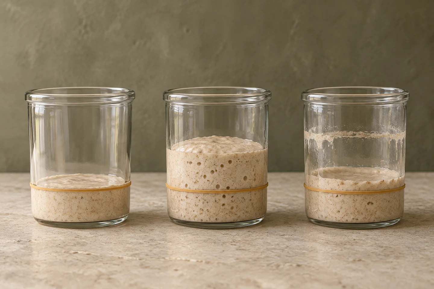 Three illustrated starter jars with matching starting-level bands: low after feeding, taller and bubbly near peak, then lower with a visible tide mark after falling