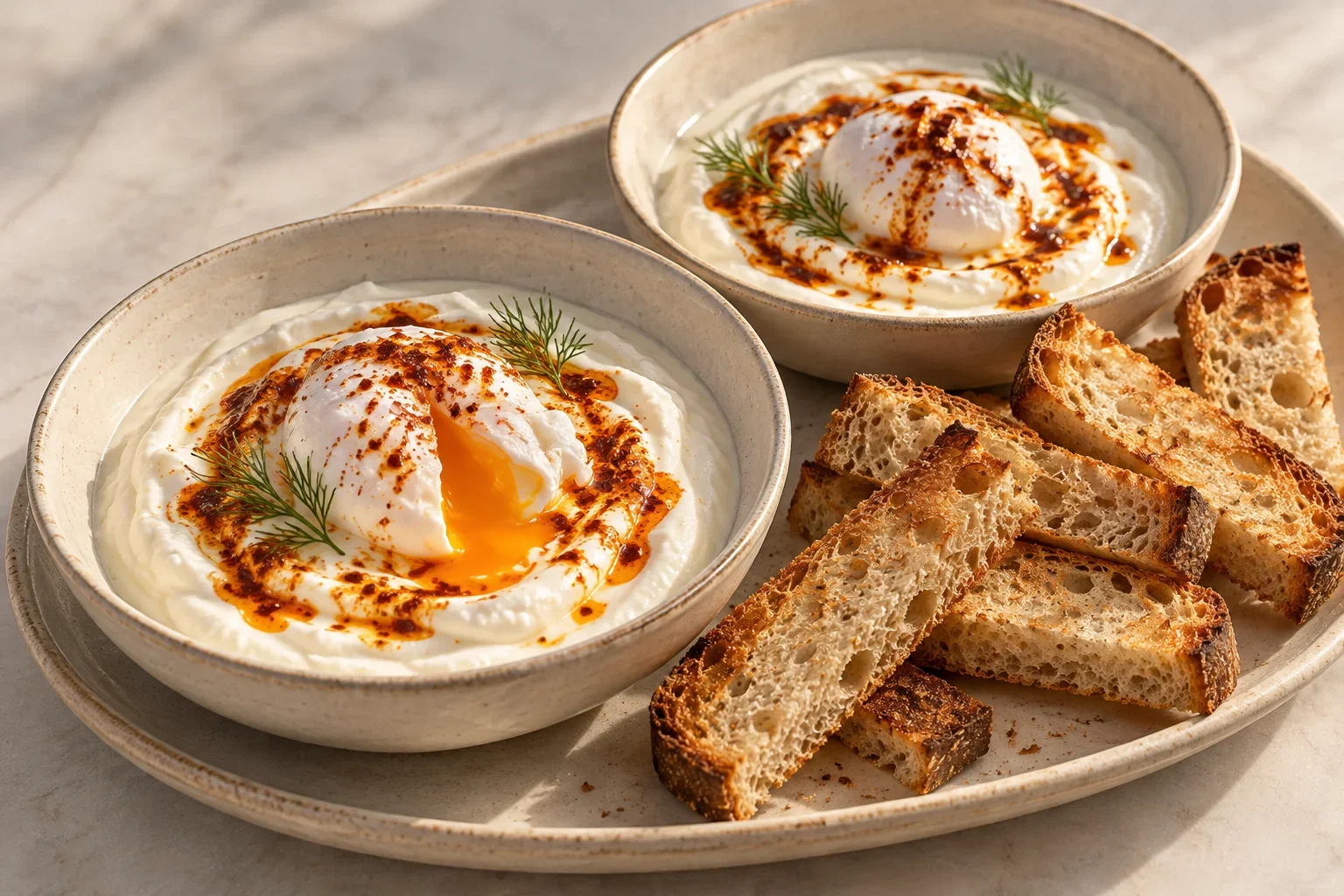 Two bowls of garlic yogurt with one poached egg each, red pepper butter and dill, served with toasted sourdough fingers alongside.